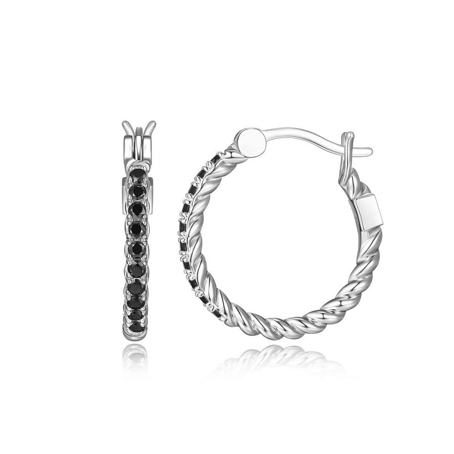 Créoles torsade et spinelle noire ELLE en argent 925 plaqué rhodium