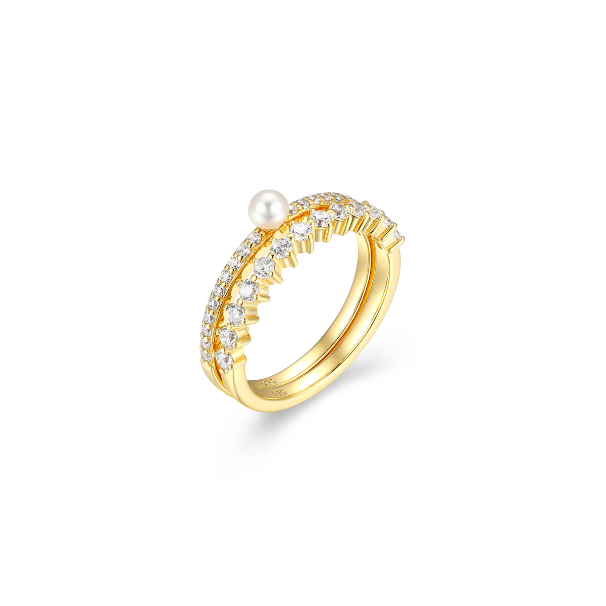Bague double Reign en argent 925 plaqué or, perle et zircon — vue 2
