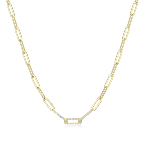 Collier chaîne à maille paperclip en argent sterling doré, quelques maillons centraux sertis de zircons en pavé scintillant.