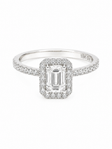 Bague Halo Or Blanc 18K Diamant Émeraude 0,72ct