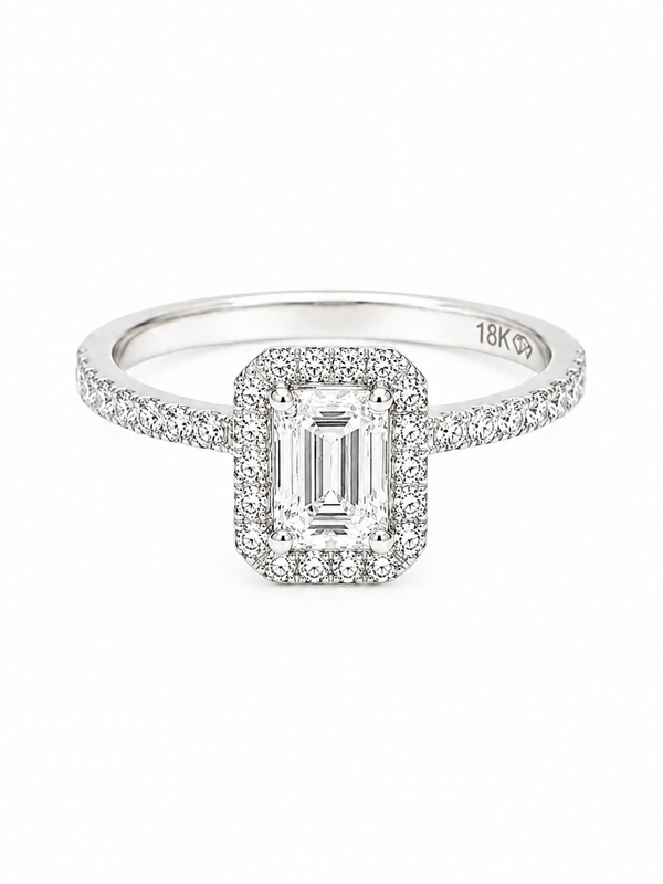 Bague Halo Or Blanc 18K Diamant Émeraude 0,72ct