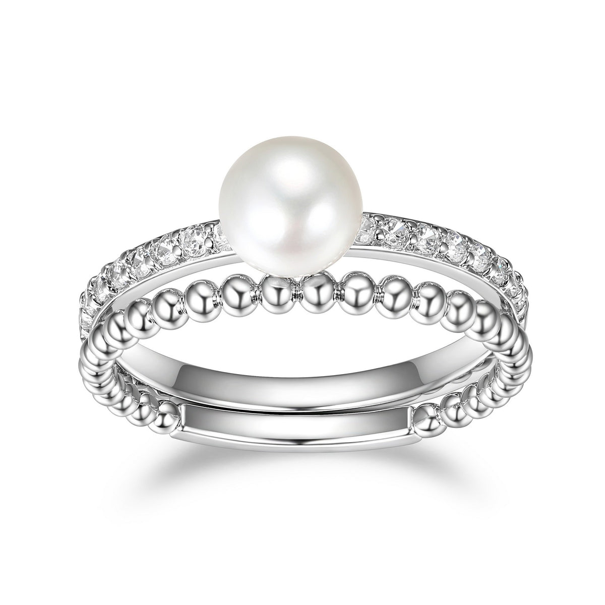 Bague Double Anneau Perle et Zircon – Reign Argent 925