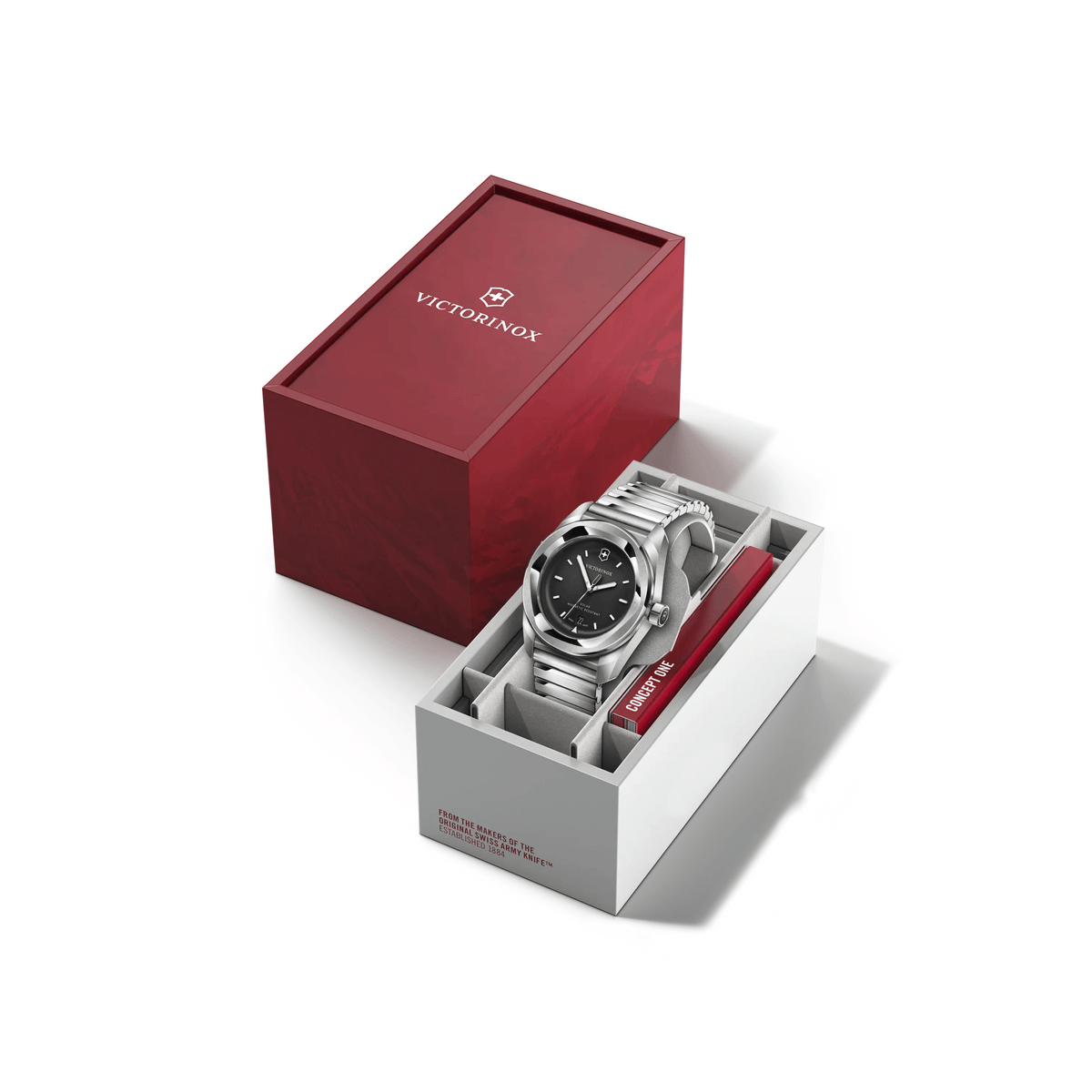 Montre Victorinox Concept One Solar 39 mm cadran noir, bracelet en acier, dans son coffret