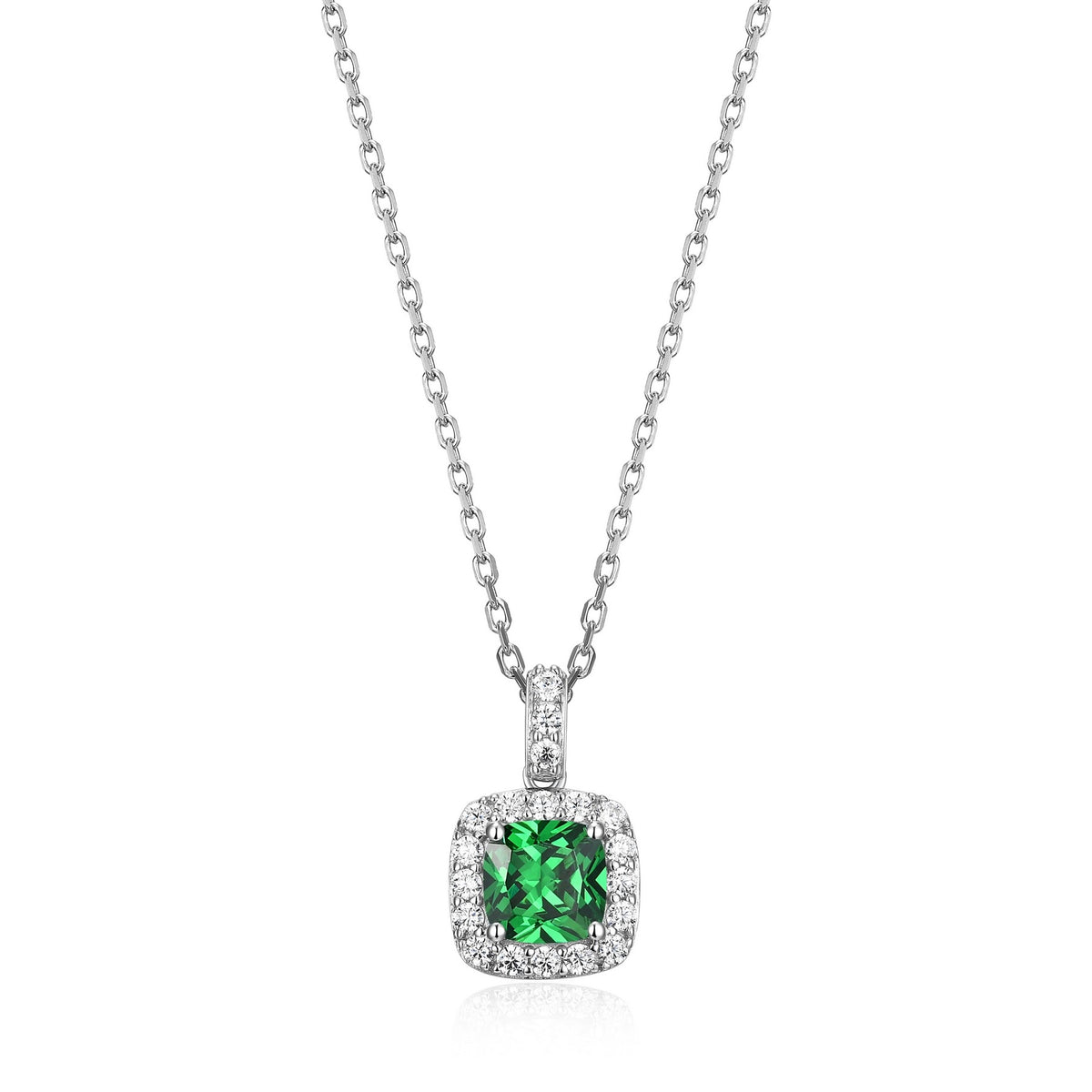 Collier Pendentif Zircon Vert Coussin Halo – Elle Argent 925