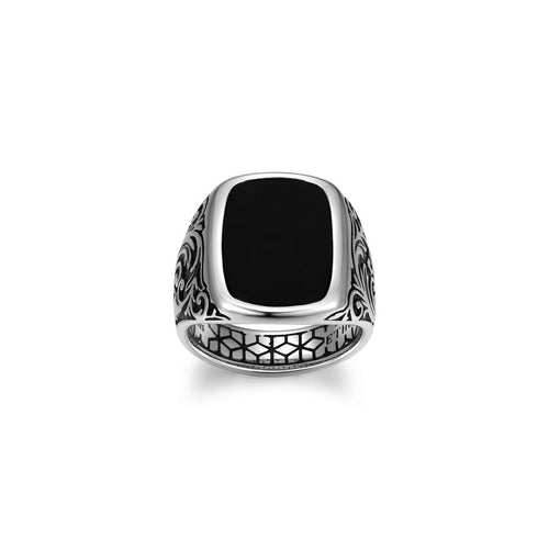 Bague chevalière gravée Ethos, agate noire, argent 925