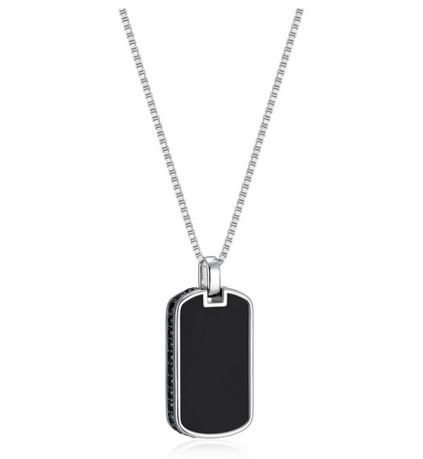 Collier Pendentif Dog Tag Agate Noire et Saphirs – Ethos Argent 925