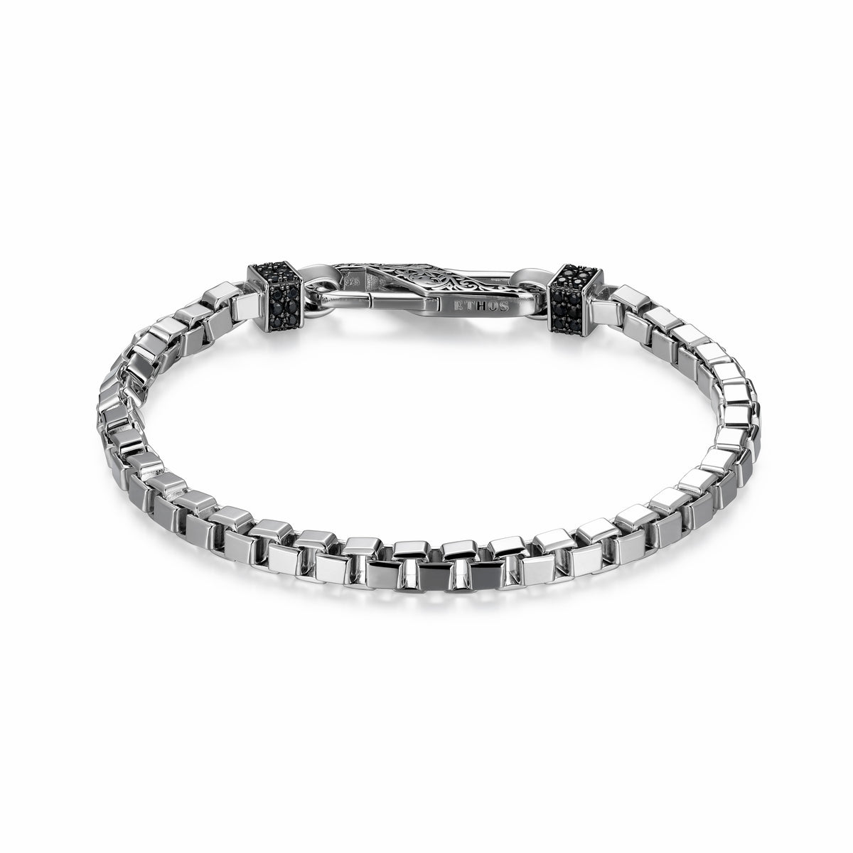 Bracelet maille box Ethos argent 925, saphirs noirs — vue 2