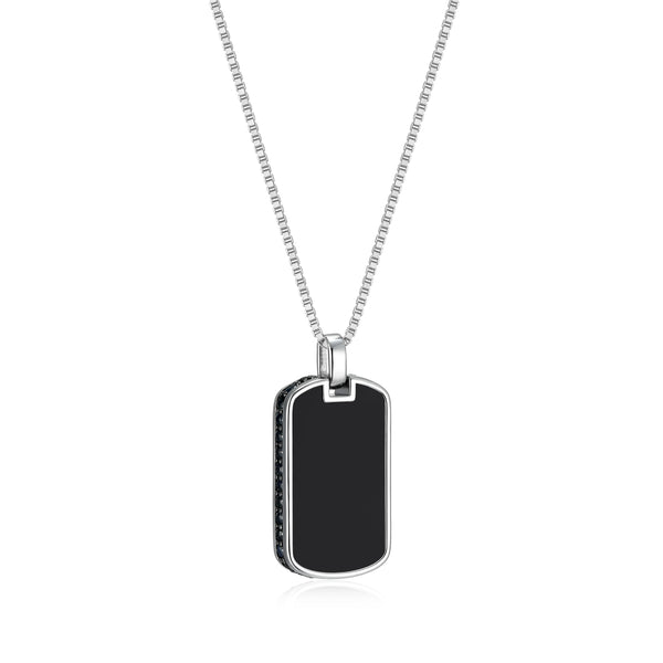 Collier dog tag Ethos agate noire et saphirs, argent 925