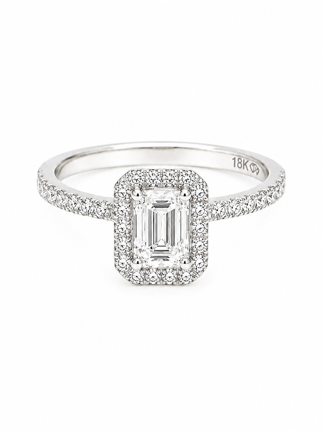 Bague Halo Or Blanc 18K Diamant Émeraude 0,72ct