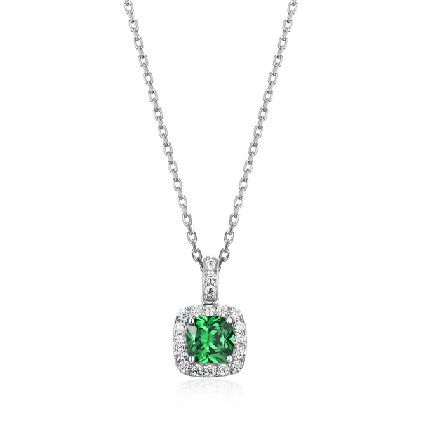 Collier Pendentif Zircon Vert Coussin Halo – Elle Argent 925