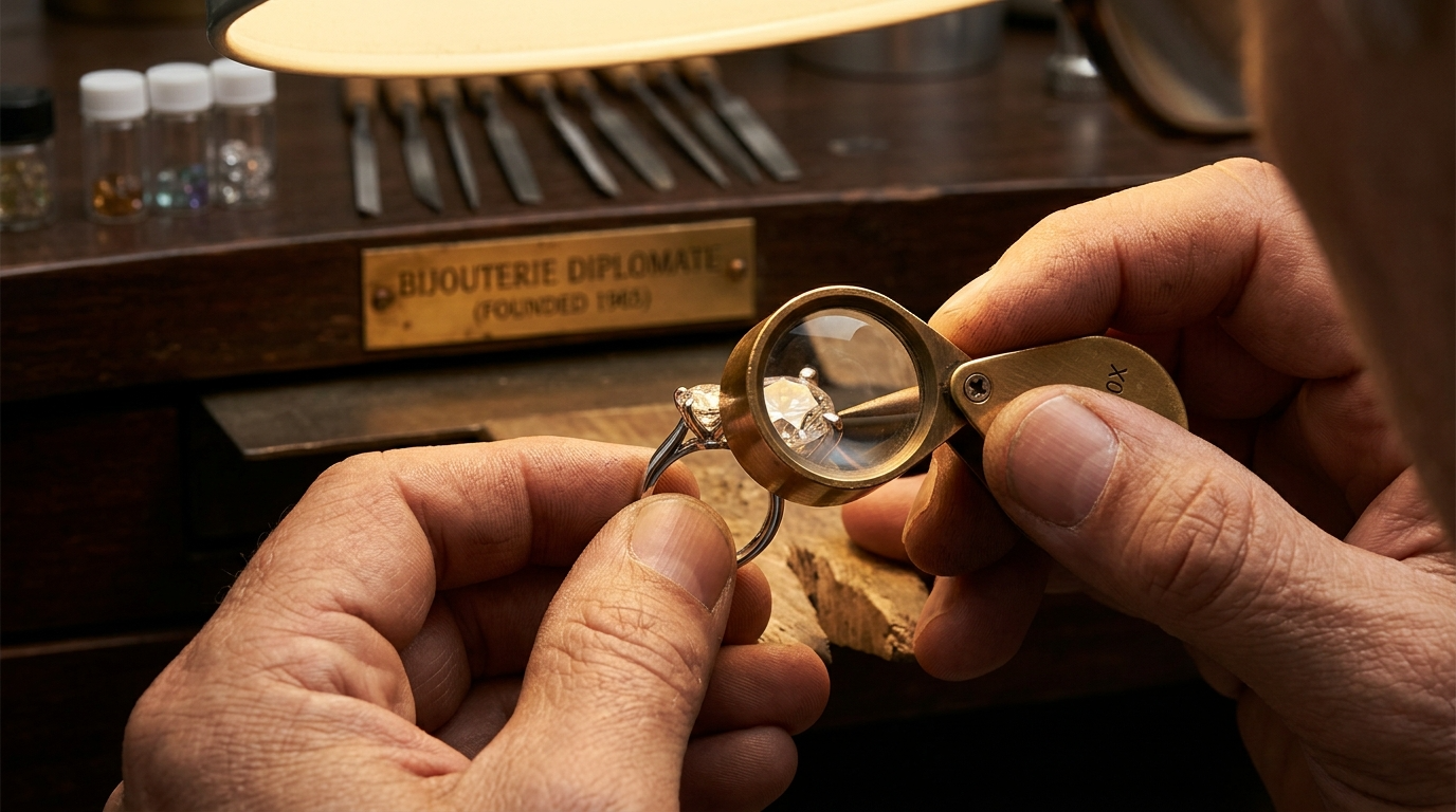 Joaillier examinant les griffes d'une bague avec une loupe