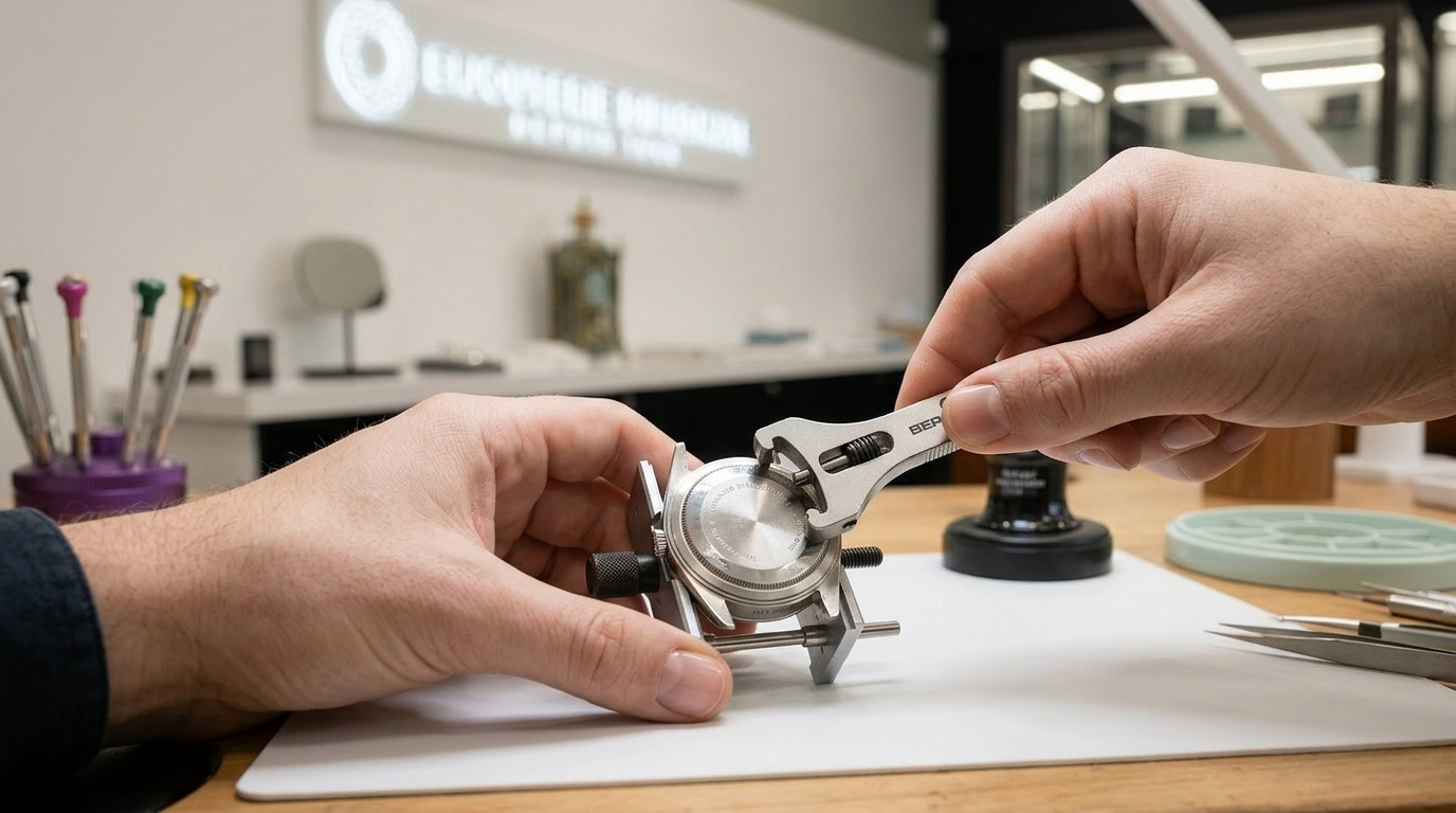 Horloger ouvrant le fond d'une montre avec des outils professionnels