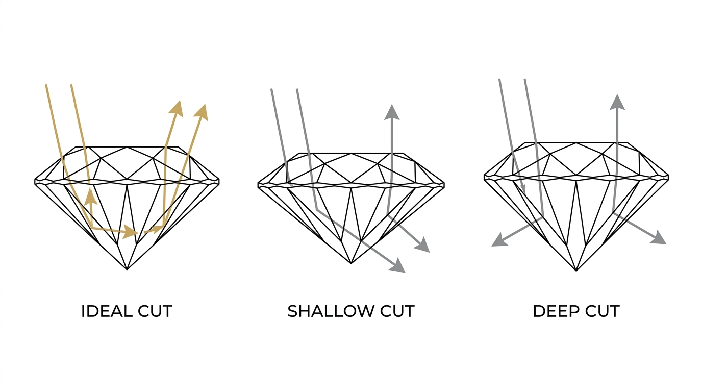 Comparaison visuelle de la qualité de taille d'un diamant : trajet de la lumière selon la taille idéale, trop plate ou trop profonde