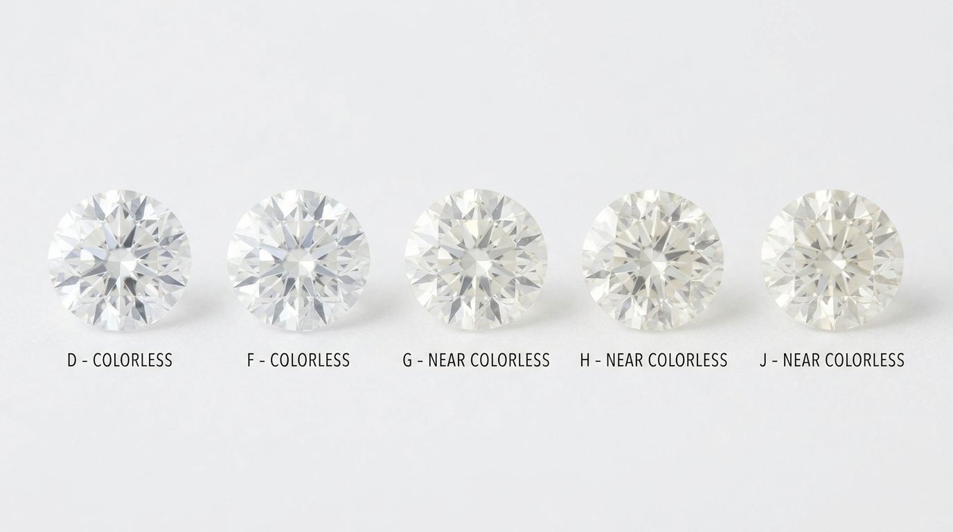 Cinq diamants ronds alignés montrant la gradation de couleur GIA de D (incolore) à J (légèrement teinté)