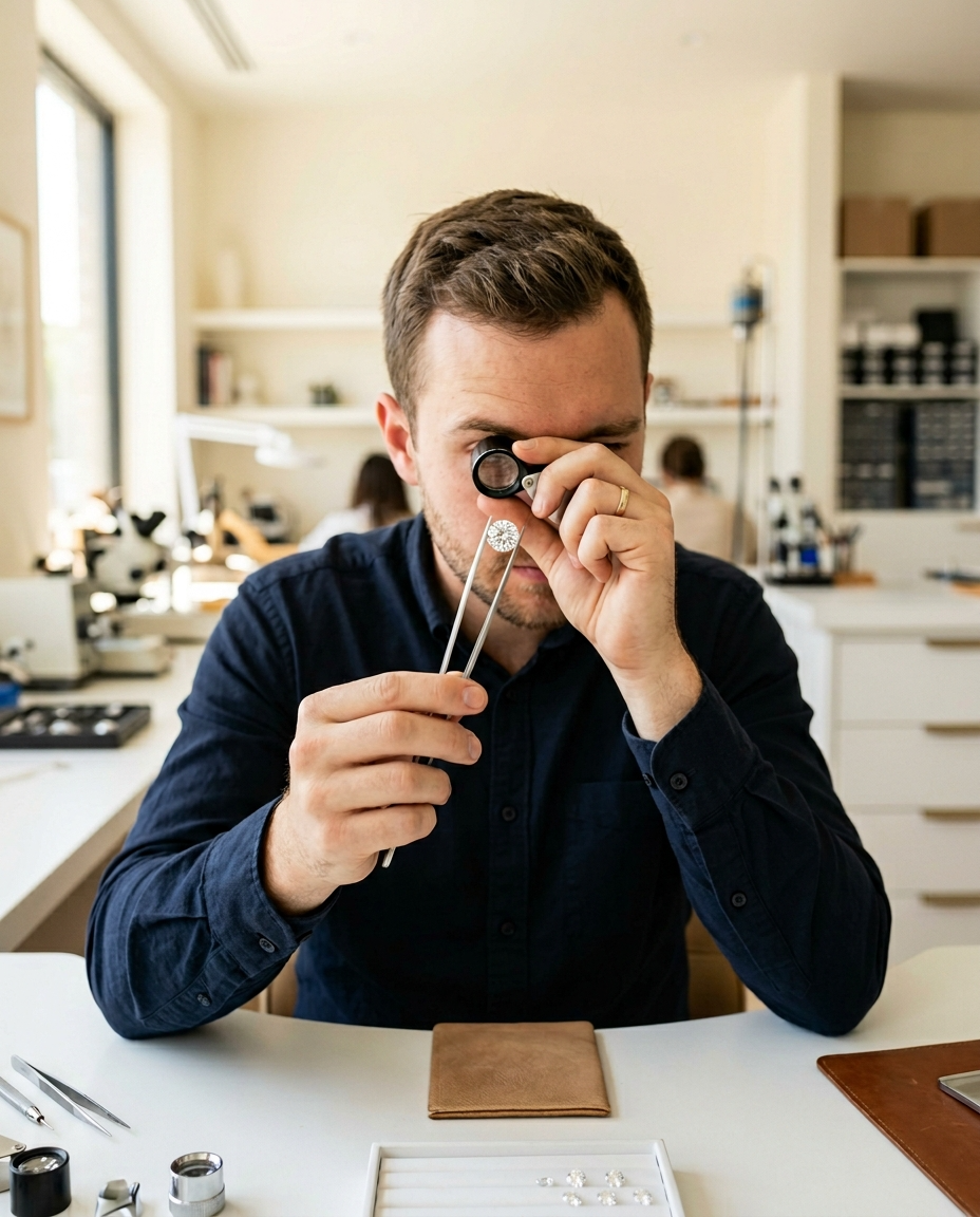 Joaillier examinant un diamant à la loupe 10x pour évaluer sa pureté