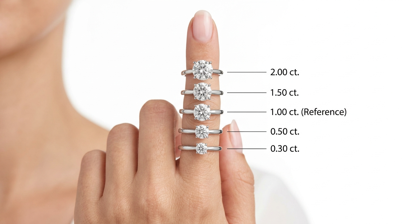 Comparaison visuelle de cinq diamants ronds de 0,30 ct à 2,00 ct sur une main