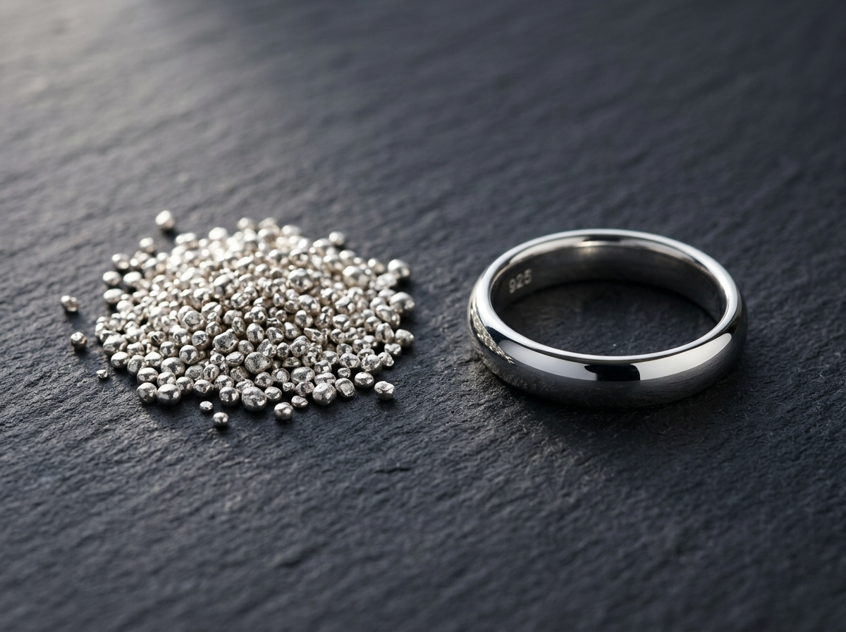 Granules d'argent brut à côté d'une bague en argent 925 poli