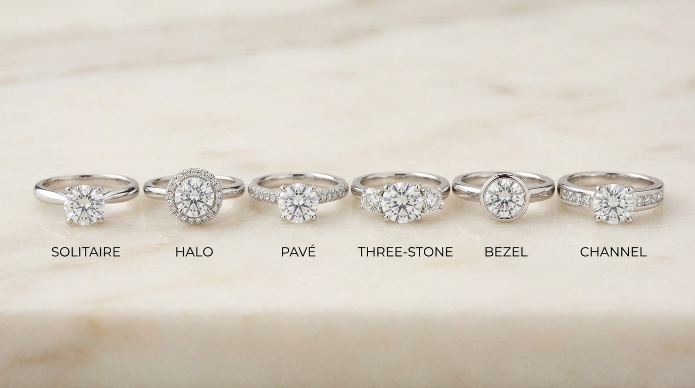 Styles de sertissage — solitaire, halo, pavé