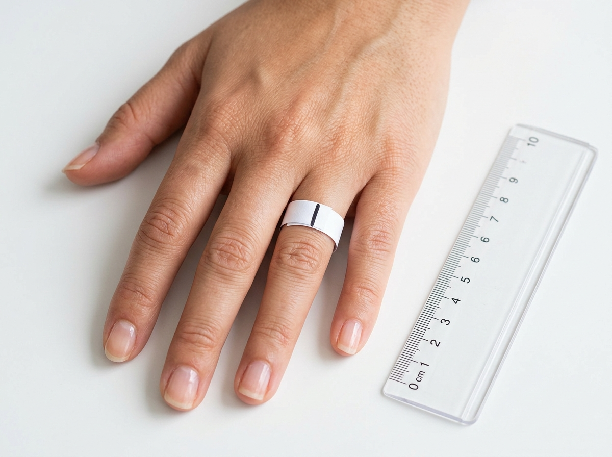 Mesure de la taille de bague avec une bandelette de papier autour du doigt
