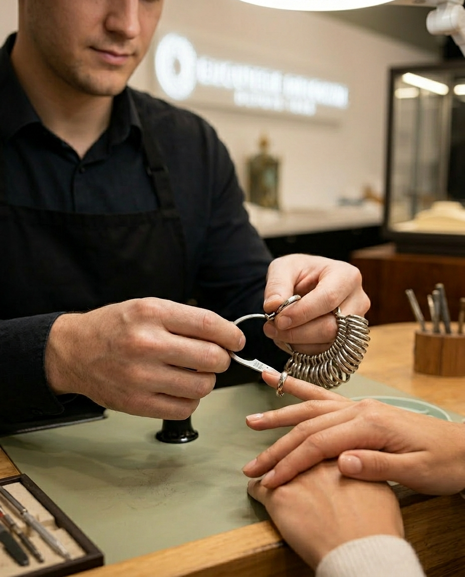 Joaillier utilisant un baguier professionnel pour mesurer la taille d'une bague