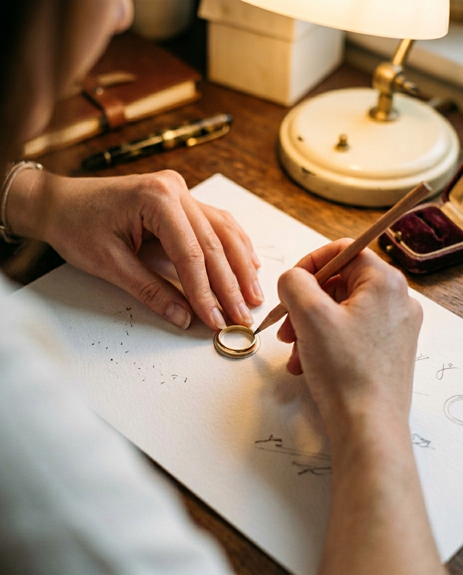 Traçage discret de l'intérieur d'une bague en or sur du papier pour une demande en mariage surprise